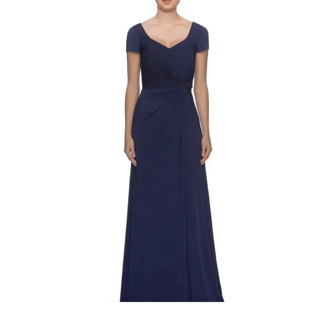 La Femme V-Neck Cap Sleeve Jersey Gown Ruching Navy Blue Formal Women’s 6